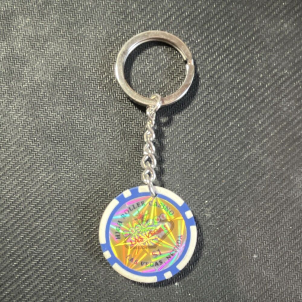 High Roller Casino Poker Chip Keychain - Blue, White, Gold - Las Vegas Theme